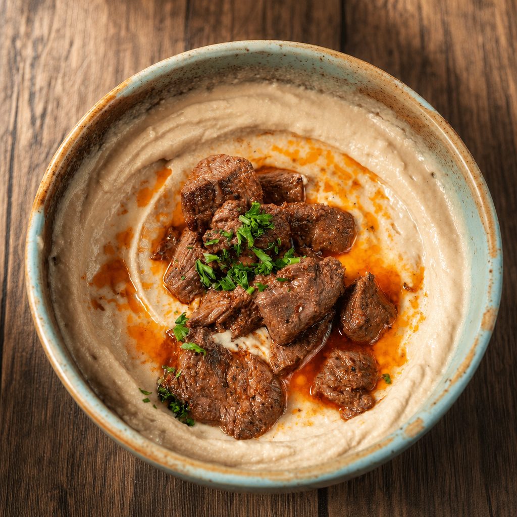 Hummus Special with Sautéed Beef.